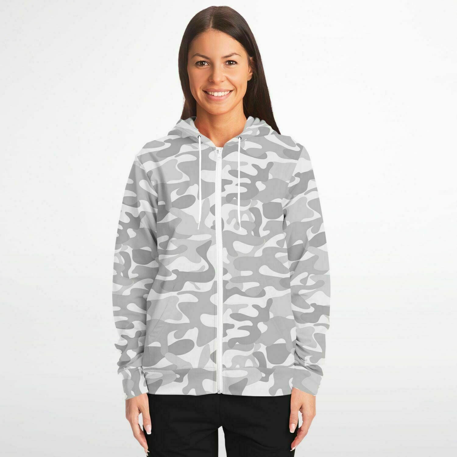 White Camo Zip Up Hoodie, Camouflage Grey Cream Full Zipper Pocket