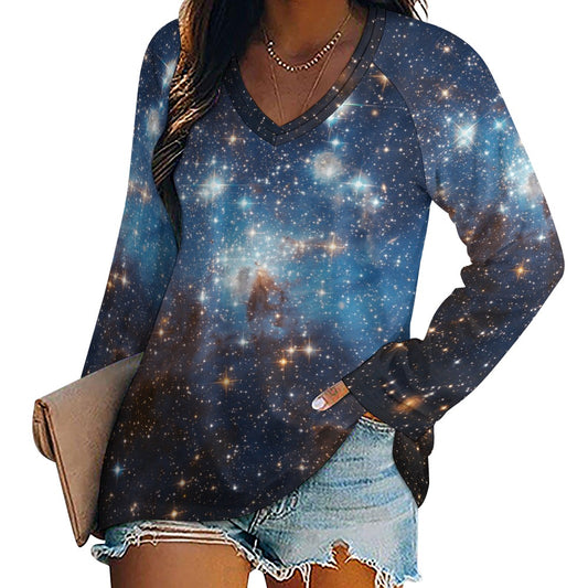 Galaxy Women Long Sleeve Tshirt loose fit, Space Stars Universe Blue Relaxed V-neck Designer Graphic Aesthetic Ladies Female Tee Top Shirt