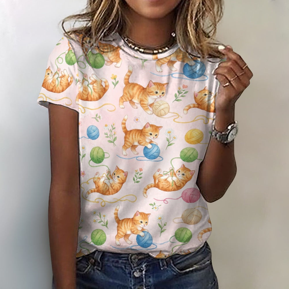 Cute Cats Women Cotton Tshirt, Tabby Kittens Pink Ladies Female Designer Adult Graphic Aesthetic Fashion Fitted Crewneck Tee Shirt Top - Starcove Fashion
