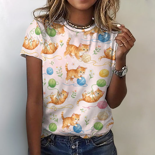 Cute Cats Women Cotton Tshirt, Tabby Kittens Pink Ladies Female Designer Adult Graphic Aesthetic Fashion Fitted Crewneck Tee Shirt Top
