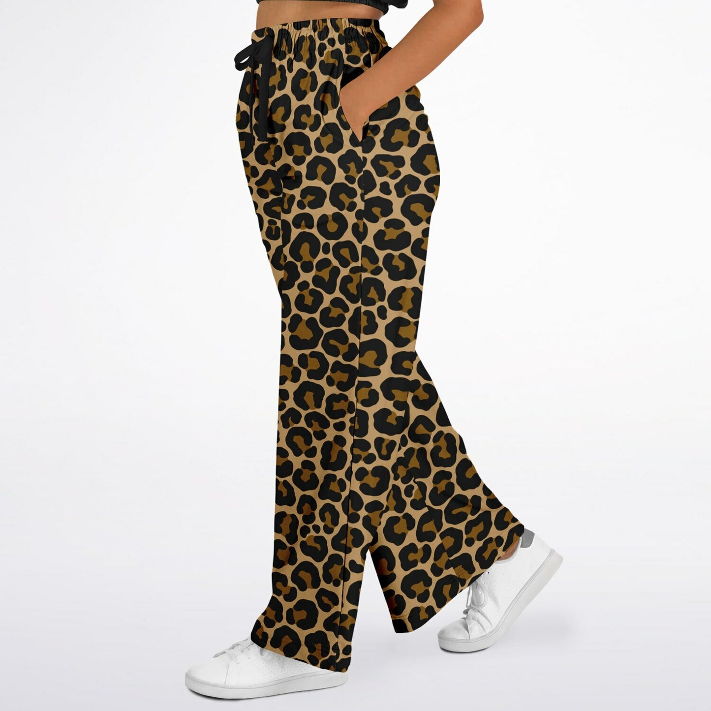 Leopard Wide Leg Jogging Pants, Brown Animal Print Cheetah Flare Sweatpants Pockets Women Flared Sweats Cotton Fleece Ladies Joggers