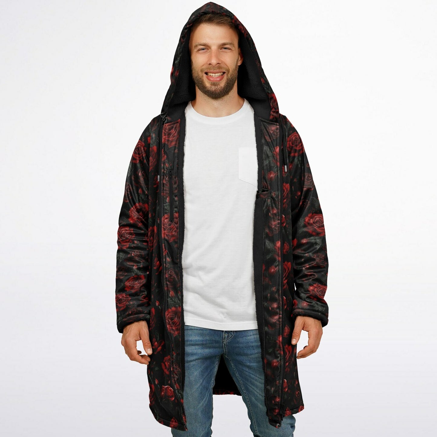 Red Roses Hooded Fleece Jacket, Black Zipper Coat Cloak Men Women Ladies Long Winter Warm Mink Hooded Parka Festival Wearable Cape Pockets