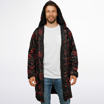 Red Roses Hooded Fleece Jacket, Black Zipper Coat Cloak Men Women Ladies Long Winter Warm Mink Hooded Parka Festival Wearable Cape Pockets
