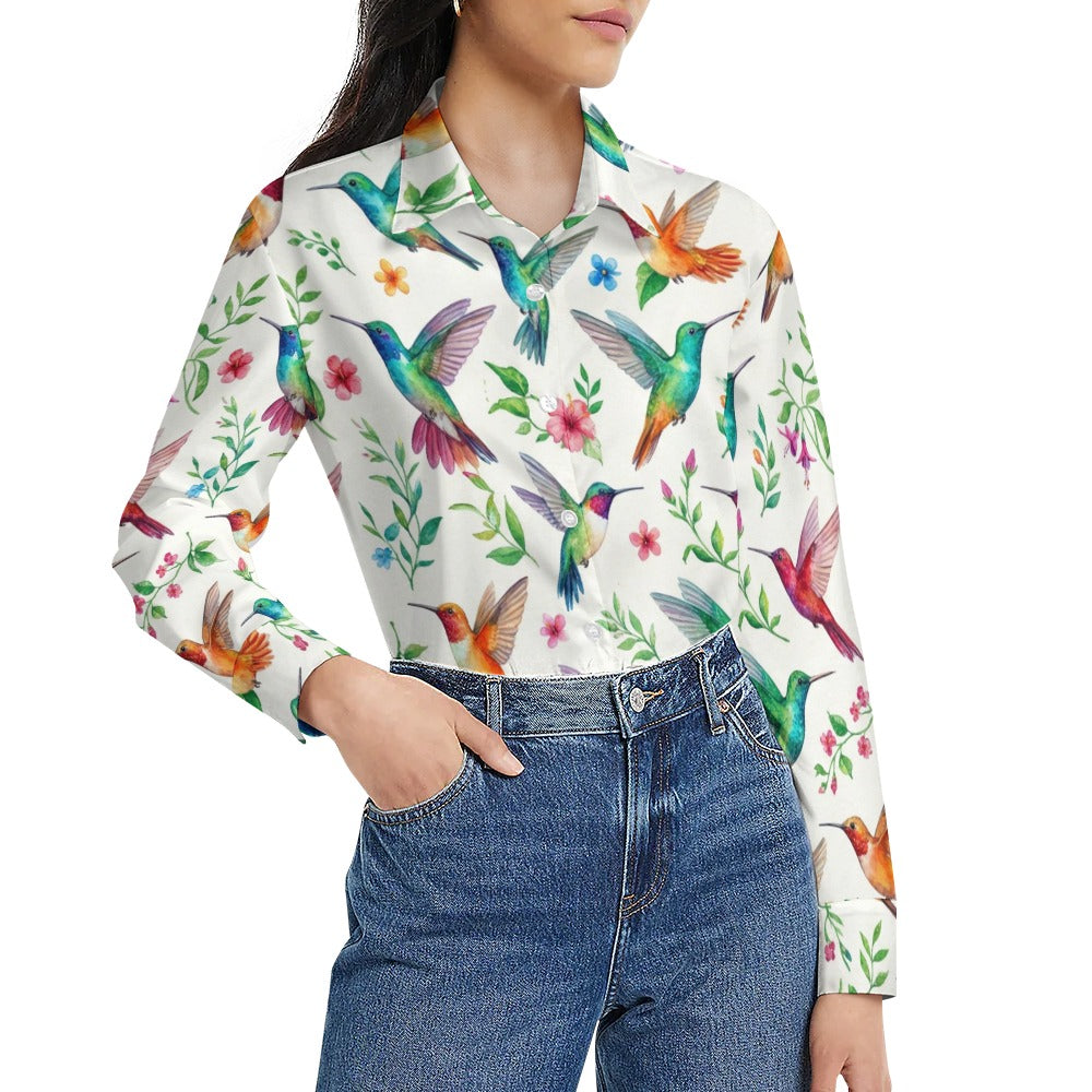 Hummingbird Long Sleeve Shirt Women, Bird Animal Button Up Ladies Blouse Print Buttoned Down Collared Casual Dress Going Out Top - Starcove Fashion