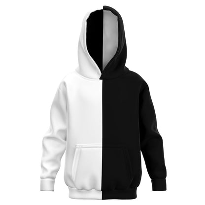 Half Black Half White Kids Pullover Hoodie, Two Tone Color Split Girls Boy Toddler Youth Children Fleece Cozy Hooded Sweatshirt Pockets
