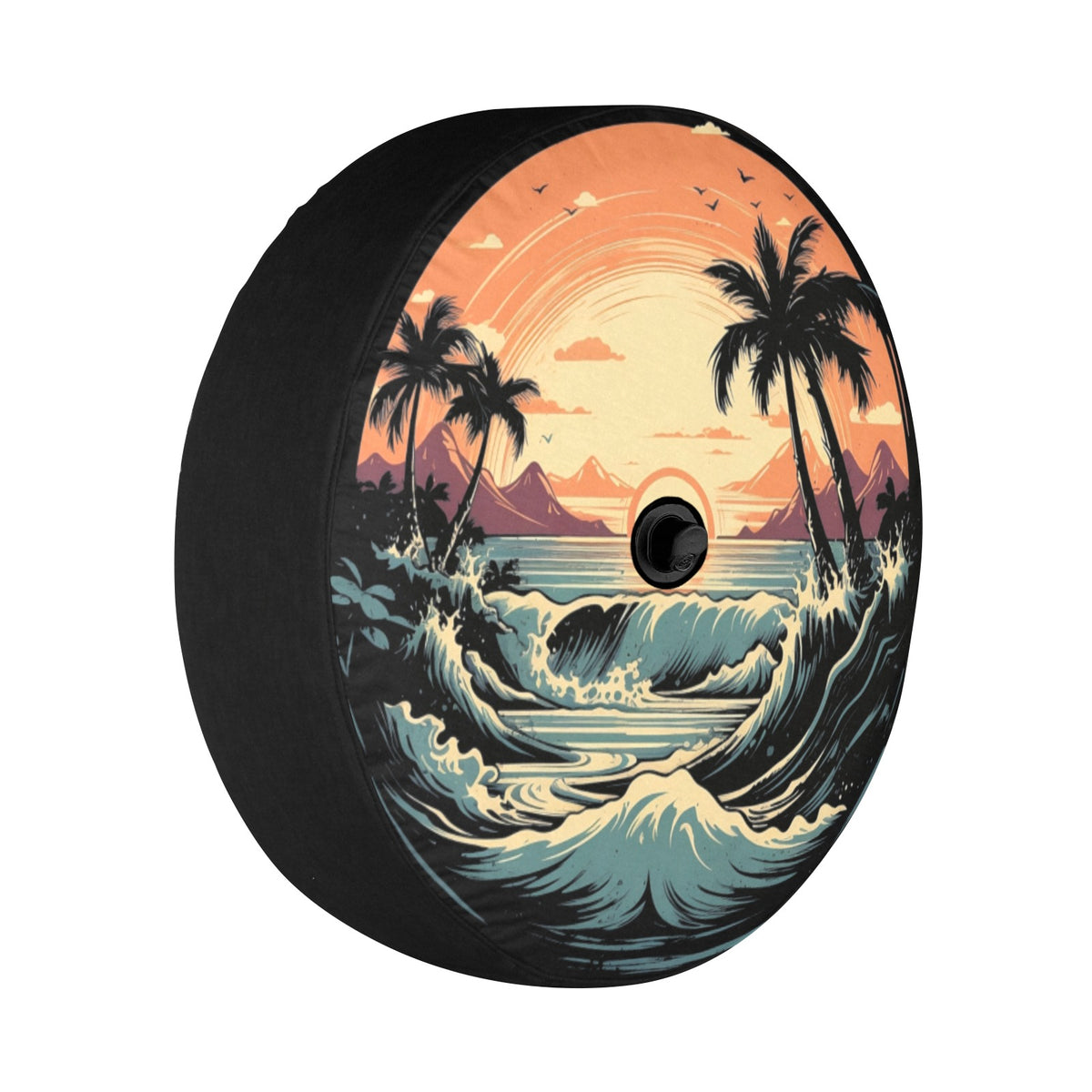Beach Spare Tire Cover, Sunset Backup Camera Hole Rear Wheel Accessories Sun Tropical Palm Trees Waves Custom Unique Trailer Camper RV Back - Starcove Fashion