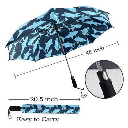 Shark Umbrella, Blue Ocean Sea Golf Anti-UV Semi-Automatic Sun Beach Rain Parasol Large Compact Travel Windproof Designer Luxury Men Women