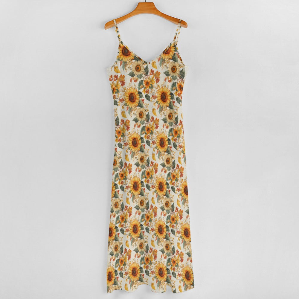 Sunflowers Floral Maxi Dress, Fall Leaves Autumn Long Flowers Spaghetti Straps Women Sleeveless Casual Designer Elegant Plus Size Cocktail 4XL / White Sunflowers Floral Maxi Dress, Fall Leaves Autumn Long Flowers Spaghetti Straps Women Sleeveless Casual Designer Elegant Plus Size Cocktail 4XL / White