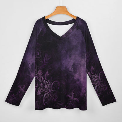 Purple Women Long Sleeve Tshirt loose fit, Floral Gothic Distressed Relaxed V-neck Designer Graphic Aesthetic Ladies Female Tee Top Shirt