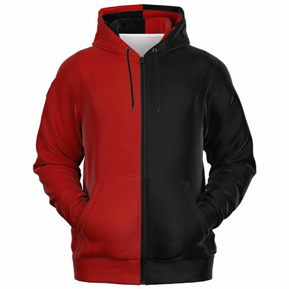 Half Black Half Red Zip Up Hoodie, Two Tone Color Split Full Zipper Pocket Men Women Unisex Adult Graphic Cotton Fleece Hooded Sweatshirt