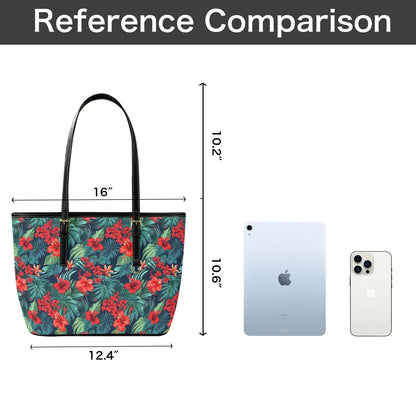 Red Tropical Flowers Tote Bag Purse, Hibiscus Floral Art Women Vegan Leather Handbag  Zip on Top Designer Handmade Shoulder Ladies Bag