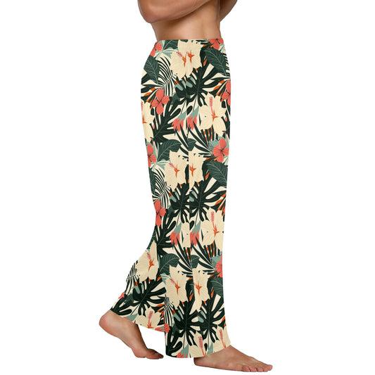 Tropical Leaf Men Pajamas Pants, Hawaiian Retro Floral Flowers Hibiscus Pattern PJ Pockets Sleep Guys Trousers Matching Bottoms Sleepwear