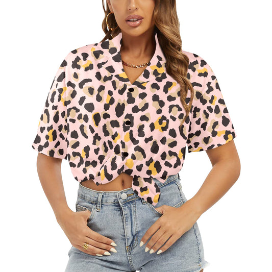 Pink Leopard Women Hawaiian shirt, Animal Print Cheetah Summer Tropical Print Vintage Hawaii Aloha Button Up Down Plus Size Ladies Blouse