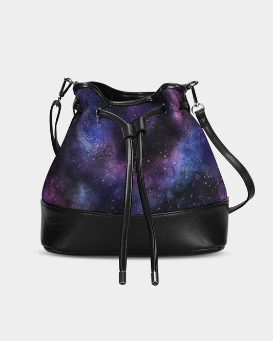 Galaxy Universe Mini Bucket Bag, Space Purple Stars Handbag Purse Women Ladies Canvas Vegan Leather Drawstring Designer Small Shoulder - Starcove Fashion