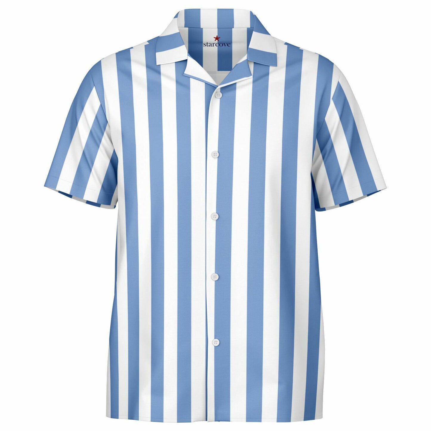 Blue White Striped Men Button Down Shirt, Beach Spread Collar Short Sleeve Guys Casual Print Buttoned Up Plus Size Unisex