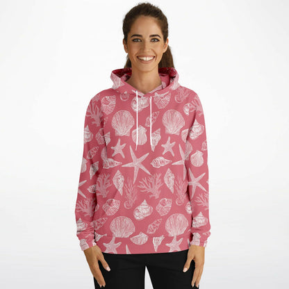 Coral Pink Beach Hoodie, Ocean Sea Shells Star Pullover Men Women Adult Graphic Cotton Hooded Sweatshirt with Pockets Designer Plus Size