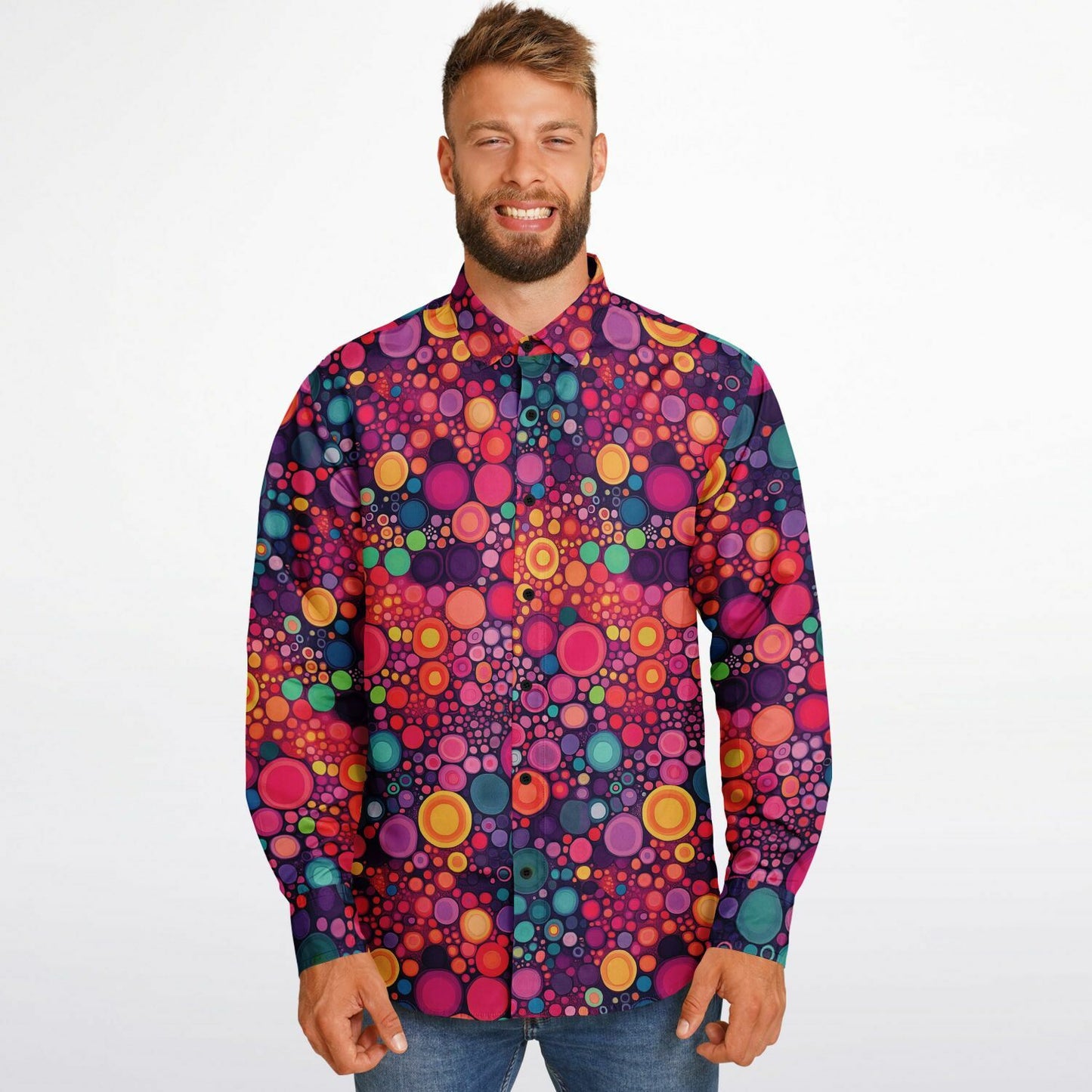 Psychedelic Long Sleeve Men Button Up Shirt, Funky Red Colorful Fun Retro Vibrant Dot Art Guys Male Print Buttoned Down Collared Casual Dress Plus Size