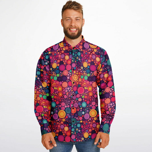 Psychedelic Long Sleeve Men Button Up Shirt, Funky Red Colorful Fun Retro Vibrant Dot Art Guys Male Print Buttoned Down Collared Casual Dress Plus Size