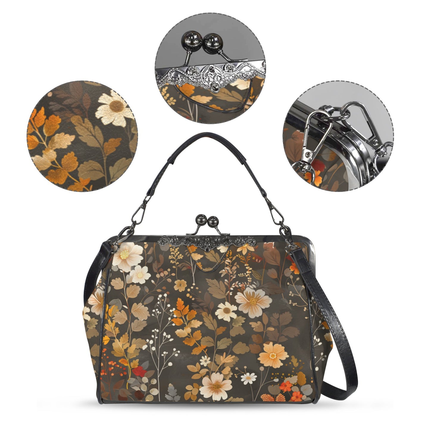 Floral Kiss Lock Purse Handbag, Flowers Brown Green Dark Print Vegan Leather Vintage Designer Shoulder Crossbody Top Handle Clasp Bag