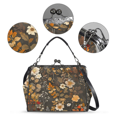 Floral Kiss Lock Purse Handbag, Flowers Brown Green Dark Print Vegan Leather Vintage Designer Shoulder Crossbody Top Handle Clasp Bag