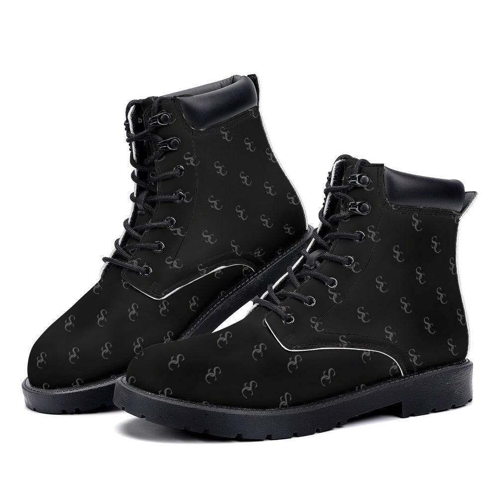 Black Leather Boots, Starcove Monogram Lace Up Shoes Hiking Women Men Female Festival Black Ankle Combat Work Winter Casual
