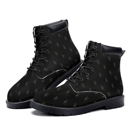 Black Leather Boots, Starcove Monogram Lace Up Shoes Hiking Women Men Female Festival Black Ankle Combat Work Winter Casual