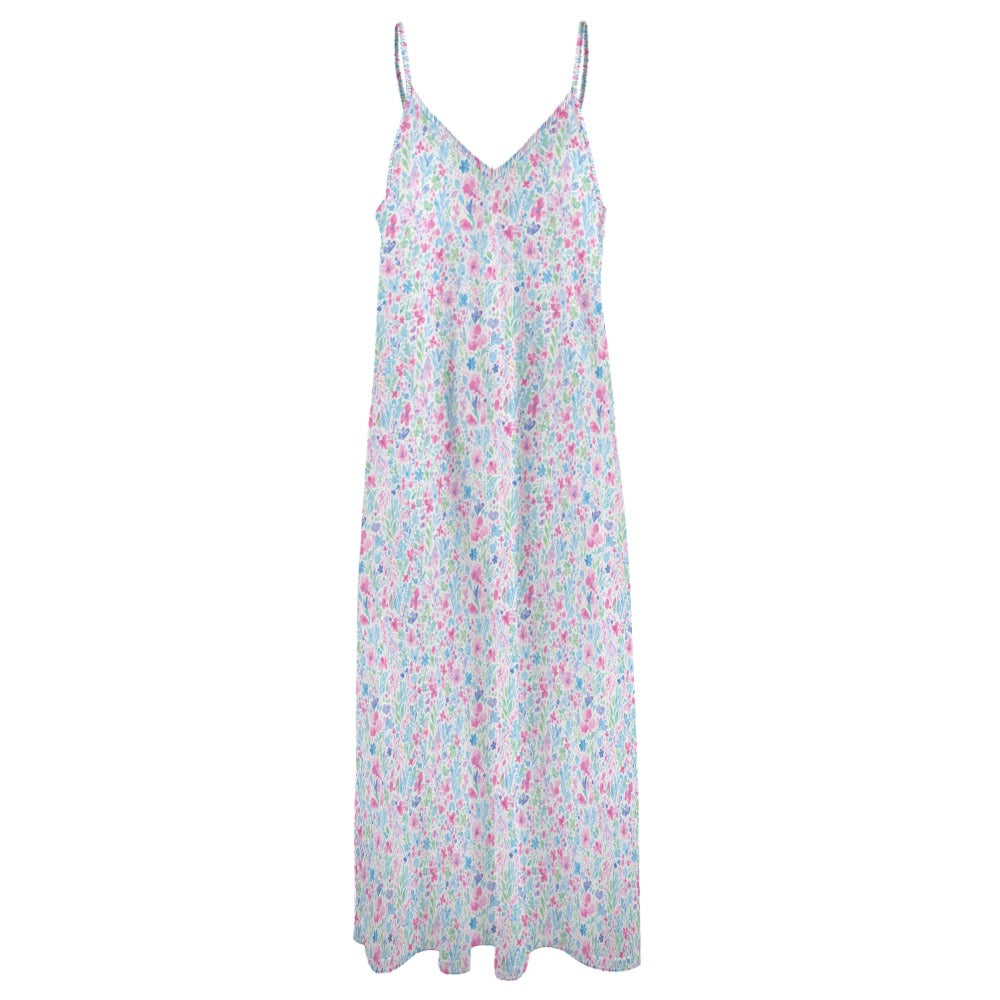 Pink White Maxi Dress, Floral Paint Long Spaghetti Straps Women Sleeveless Casual Cute Designer Elegant Plus Size Cocktail Party Summer - Starcove Fashion