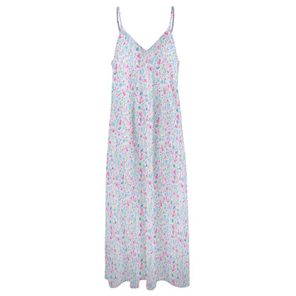 Pink White Maxi Dress, Floral Paint Long Spaghetti Straps Women Sleeveless Casual Cute Designer Elegant Plus Size Cocktail Party Summer - Starcove Fashion