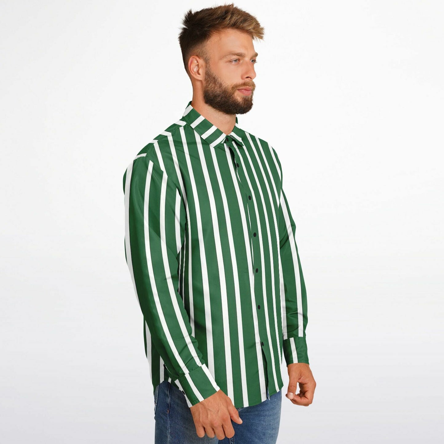 Green White Striped Long Sleeve Men Button Up Shirt, Vertical Stripes Guys Male Print Buttoned Down Collared Graphic Casual Dress Plus Size