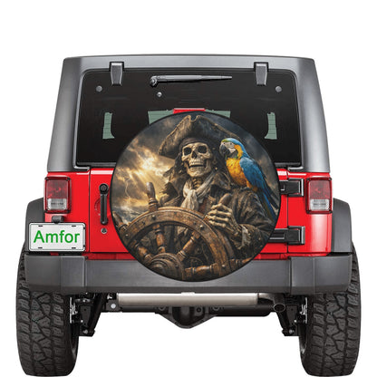 Pirate Skeleton Spare Tire Cover, Skull Parrot Boat Funny Rear Extra Spare Backup Camera Hole Wheel Unique RV Back Cars RV Trailer Campers