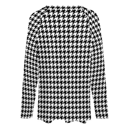 Houndstooth Women Long Sleeve Tshirt loose fit, Black White Relaxed V-neck Designer Graphic Aesthetic Ladies Female Tee Top Shirt Streetwear - Starcove Fashion