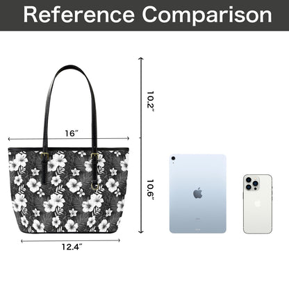 Black White Floral Tote Bag Purse, Hibiscus Flowers Art Women Vegan Leather Handbag  Zip on Top Designer Handmade Shoulder Ladies Bag