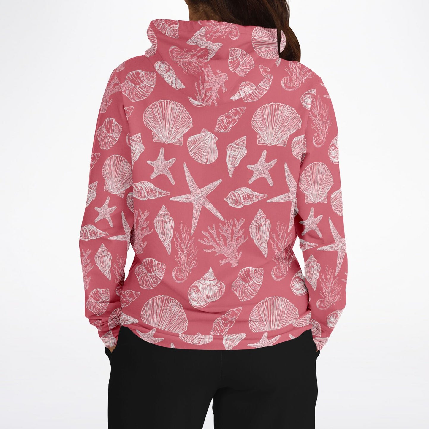Coral Pink Beach Hoodie, Ocean Sea Shells Star Pullover Men Women Adult Graphic Cotton Hooded Sweatshirt with Pockets Designer Plus Size