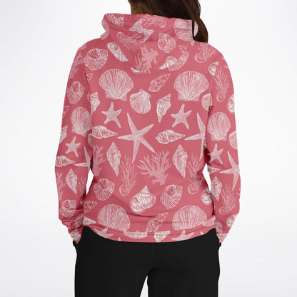 Coral Pink Beach Hoodie, Ocean Sea Shells Star Pullover Men Women Adult Graphic Cotton Hooded Sweatshirt with Pockets Designer Plus Size