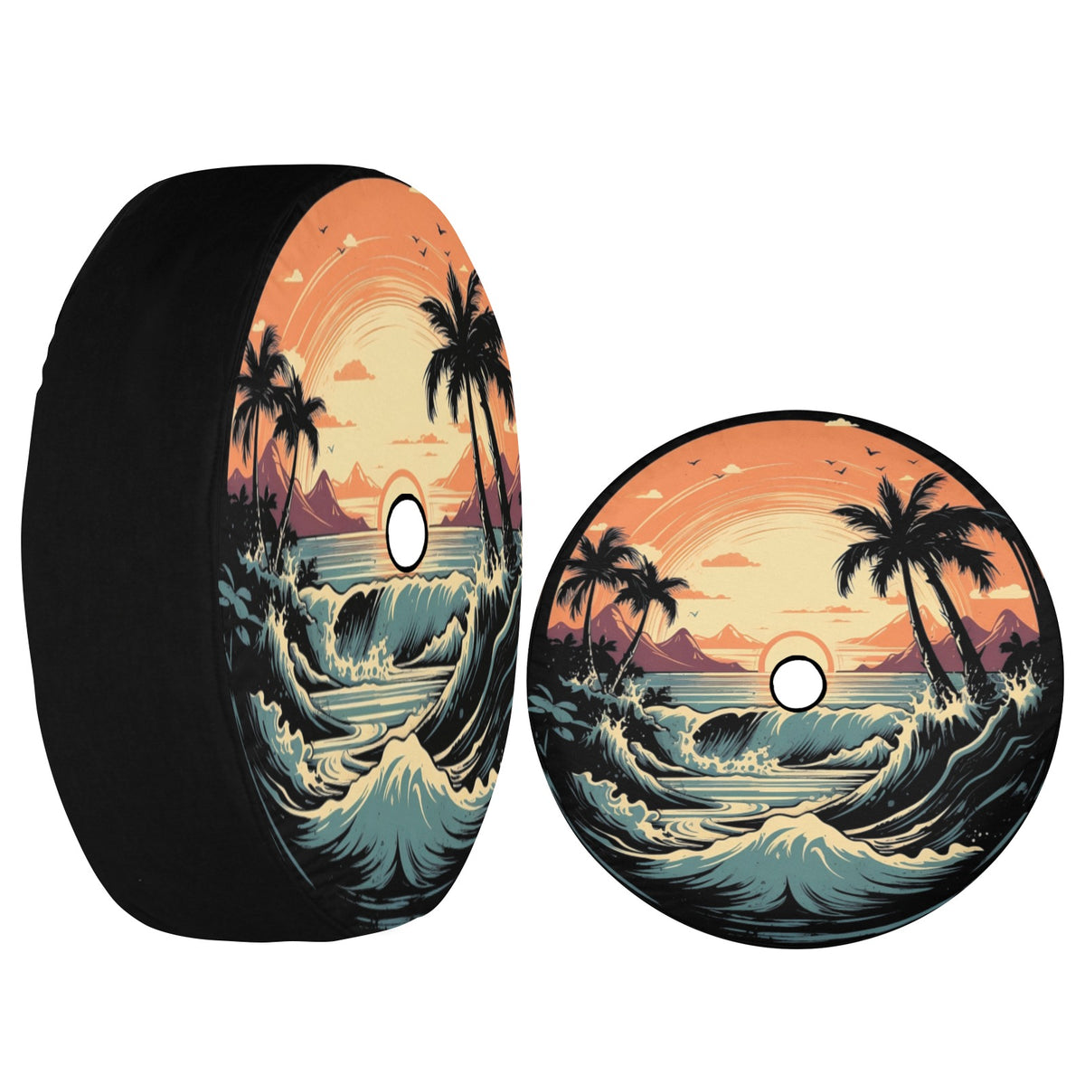 Beach Spare Tire Cover, Sunset Backup Camera Hole Rear Wheel Accessories Sun Tropical Palm Trees Waves Custom Unique Trailer Camper RV Back - Starcove Fashion