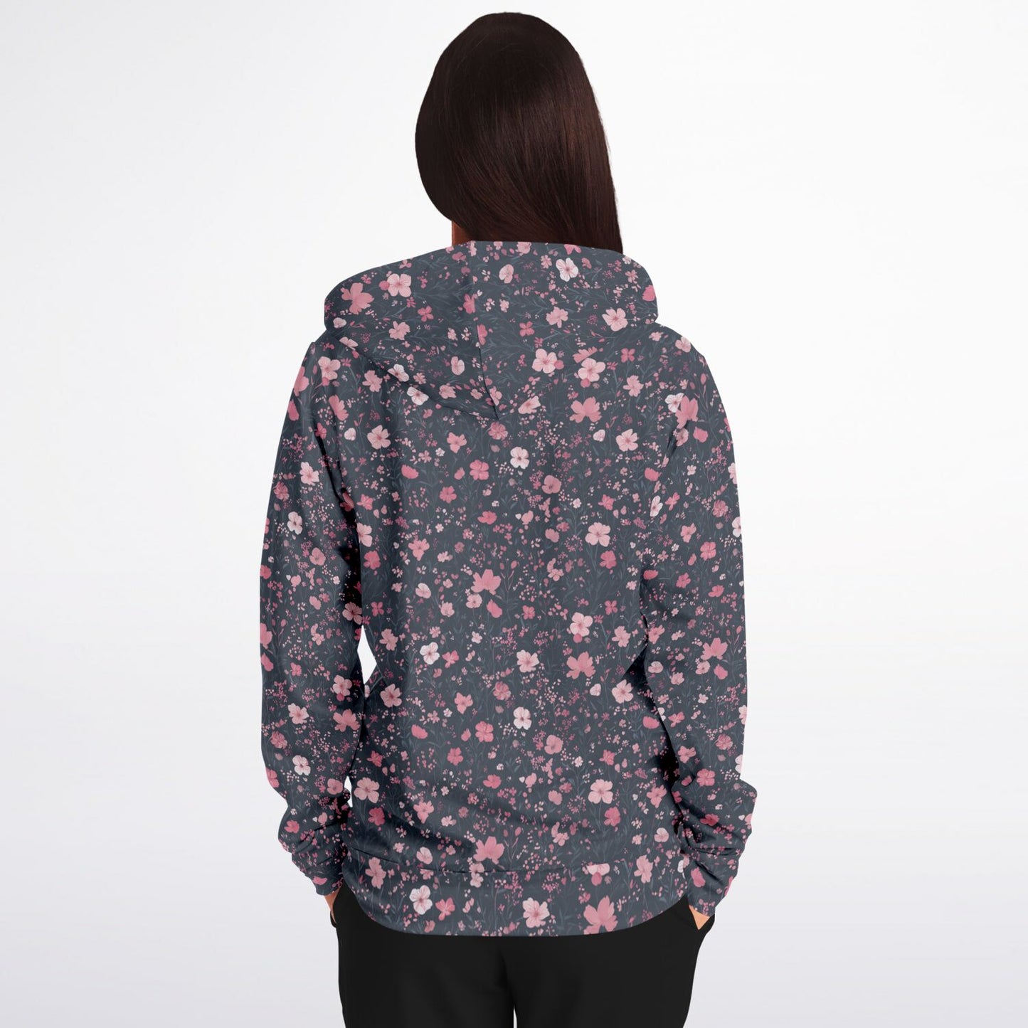 Floral Pink Zip Up Hoodie, Ditsy Flowers Full Zipper Pocket Men Women Unisex Adult Aesthetic Graphic Cotton Fleece Hooded Sweatshirt