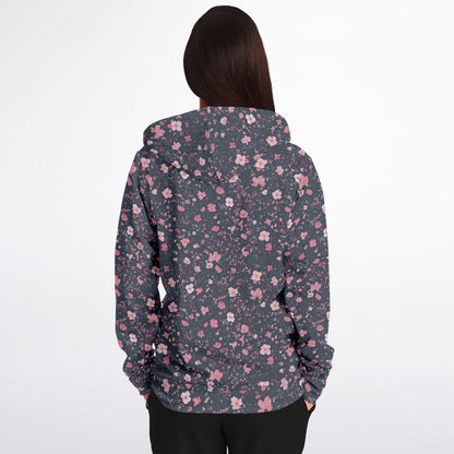 Floral Pink Zip Up Hoodie, Ditsy Flowers Full Zipper Pocket Men Women Unisex Adult Aesthetic Graphic Cotton Fleece Hooded Sweatshirt