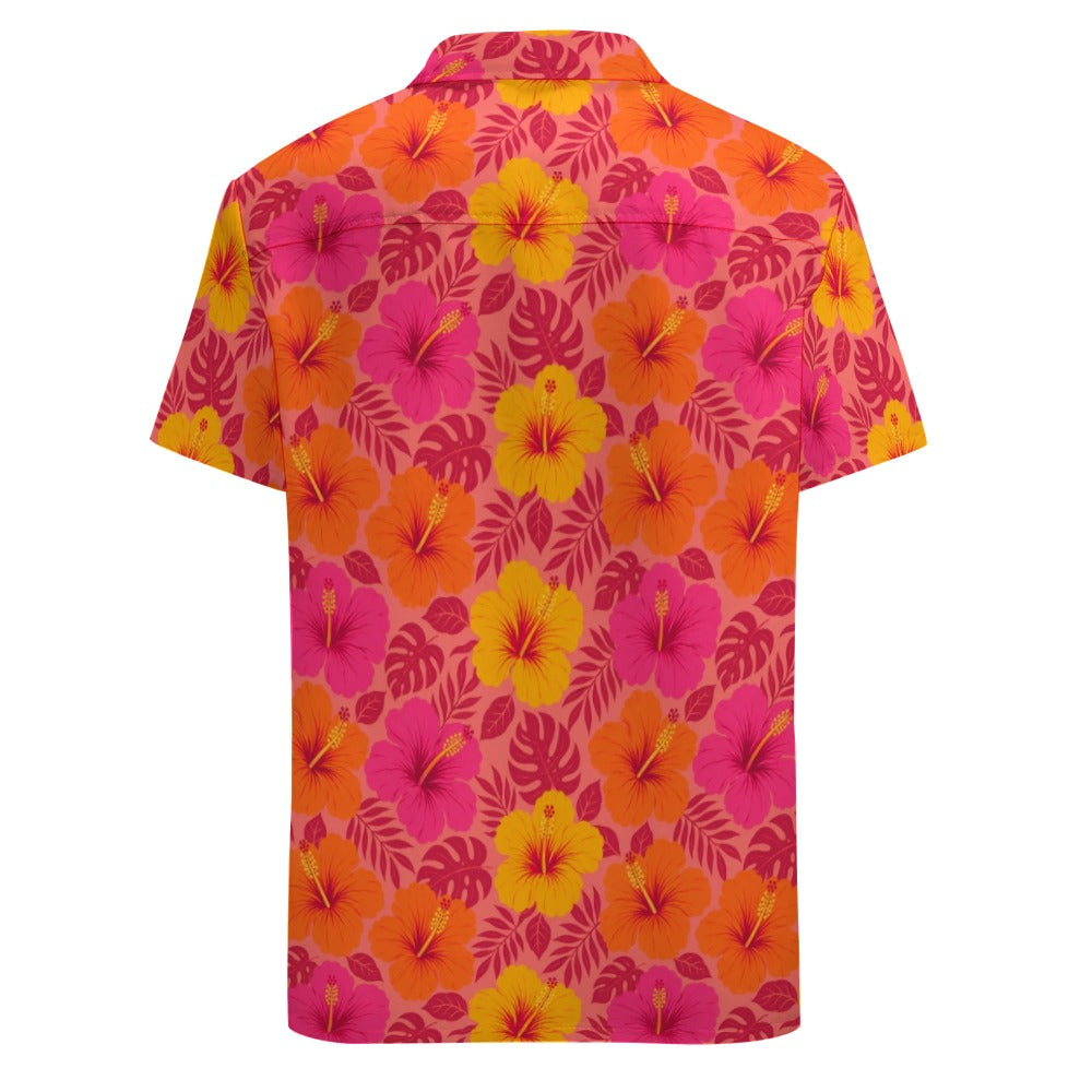 Hibiscus Tropical Men Button Up Shirt, Pink Orange Yellow Short Sleeve Casual Buttoned Down Summer Male Guys Collared Designer Festival