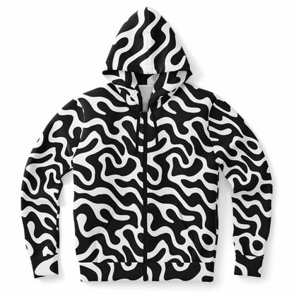 Black White Zip Up Hoodie, Trippy Psychedelic Wavy Groovy Funky Full Zipper Pocket Men Women Unisex Adult Cotton Fleece Hooded Sweatshirt