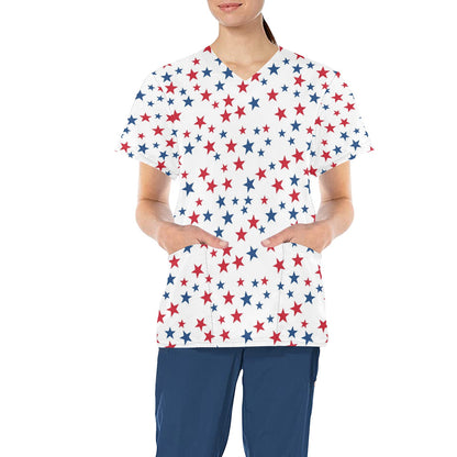 Red White Blue Stars Medical Scrubs Top Women, American USA Patriotic Ladies Female Plus Size Nursing Nurse Vet Veterinary Assistant Pockets - Starcove Fashion