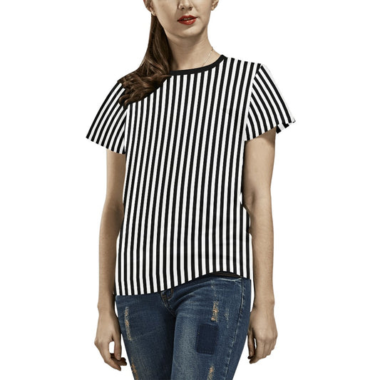 Black White Striped Women Tshirt, Vertical Stripes Ladies Female Designer Adult Graphic Aesthetic Fashion Fitted Crewneck Tee Shirt Top