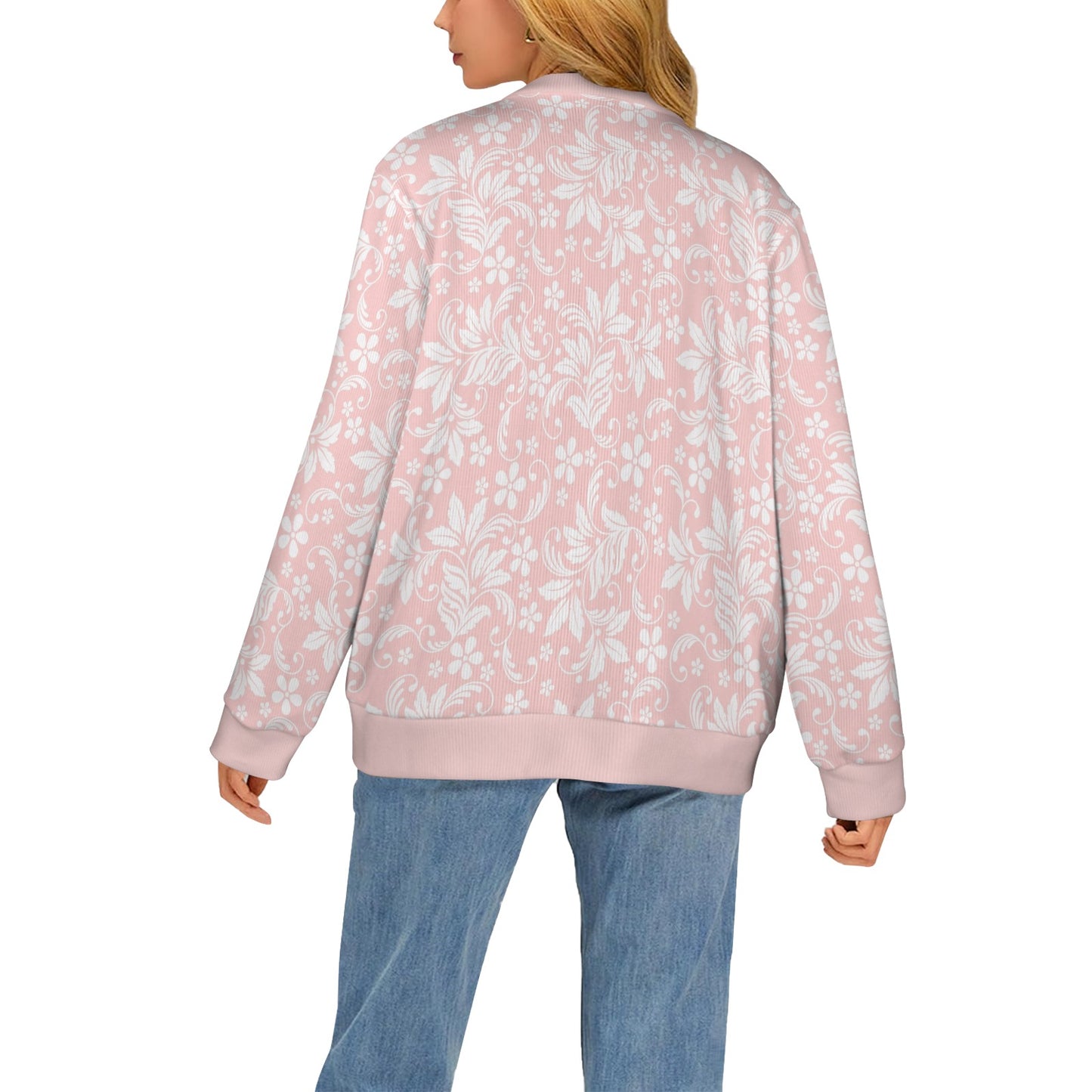 Pink Floral Cardigan Women, Flowers White Sweatshirt Sweater Long Sleeve Plus Size V Neck Lightweight Button Up Designer Ladies Top