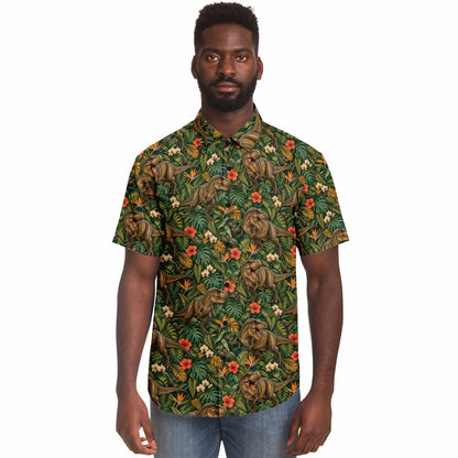 Dinosaur Men Button Up Shirt, T-Rex Dino Jungle Park Short Sleeve Print Casual Buttoned Down Summer Male Guys Collared Designer Dress copy