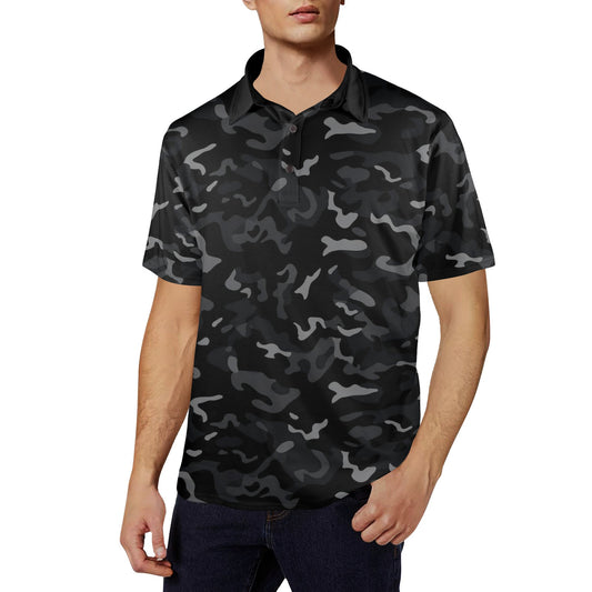 Black Camouflage Men Polo Collared Shirt, Camo Pattern Casual Summer Guys Buttoned Down Up TShirt Short Sleeve Sports Golf Tee