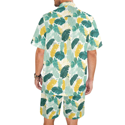 Tropical Leaf Shirt Shorts Outfit Set Men, Plants Banana Palm Tree Green Beach Sea Hawaiian Beach Male Guys Short Sleeve Button Up Down Luau