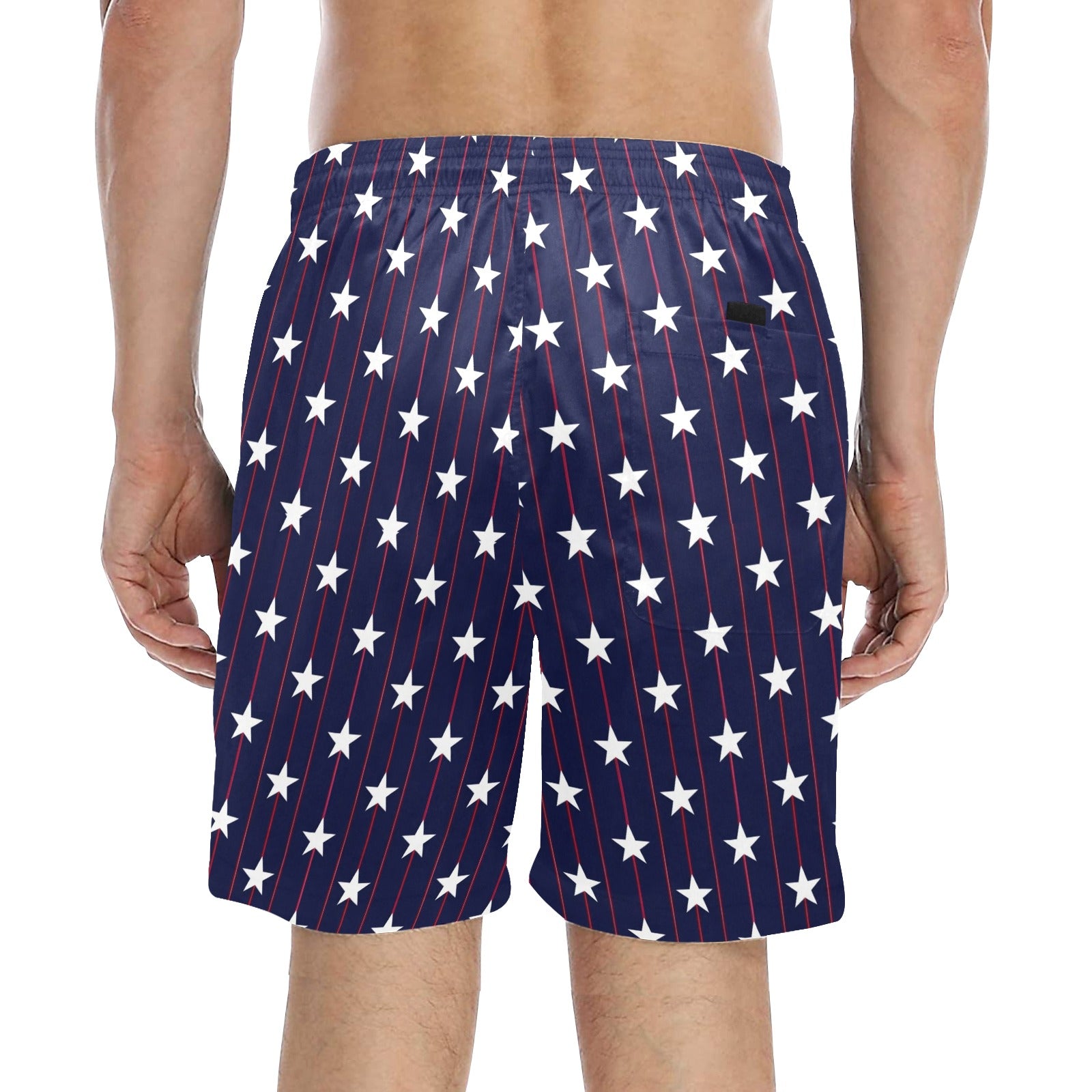 Preppy American Flag Stars Men Swim Trunks, Red White Blue Shorts USA Beach Pockets Mesh Lining Drawstring 4th of July Patriotic Plus Size - Starcove Fashion