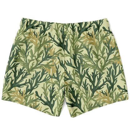 Seaweed Green Men Swim Trunks, Olive Mid Length Shorts Beach Surf Swimwear Male Pockets Mesh Lining Drawstring Bathing Suit Summer