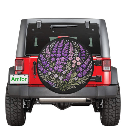 Purple Flowers Spare Tire Cover, Lavender Lilac Floral Faux Embroidery Print Floral Wheel Auto Car Backup Camera Hole Trailer Back Women RV - Starcove Fashion