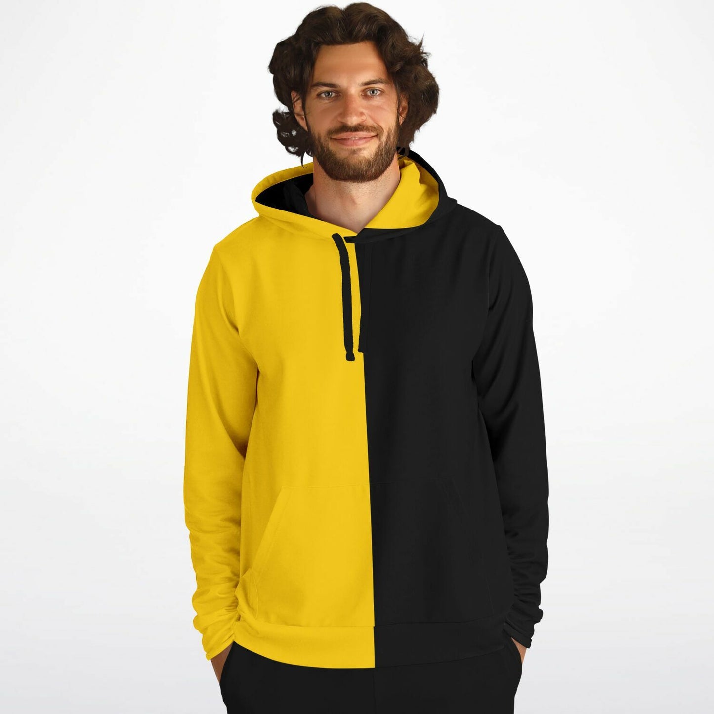 Half Black Half Yellow Hoodie, Two Tone Color Split Pullover Men Women Adult Cotton Hooded Sweatshirt with Pockets Designer Plus Size