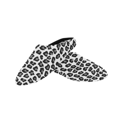 Snow Leopard Women's Slippers, White Black Animal Print Ladies House Slide Handmade Bedroom Warm Winter Cozy Designer Slip On Cotton Shoes